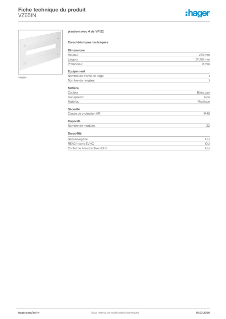 Image Hager Fiche technique du produit VZ651N | Hager Afrique