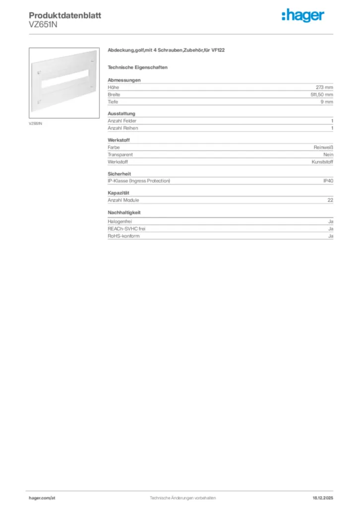 Bild Hager Produktdatenblatt VZ651N | Hager Deutschland