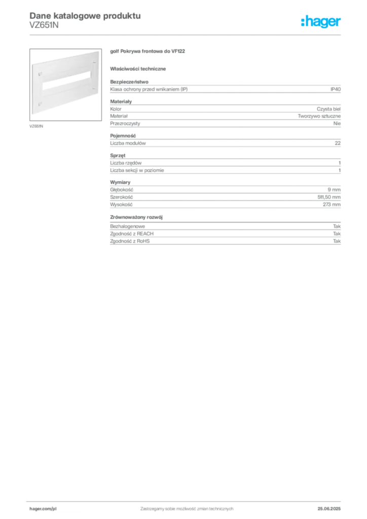Zdjęcie Hager Karta katalogowa VZ651N | Hager Polska