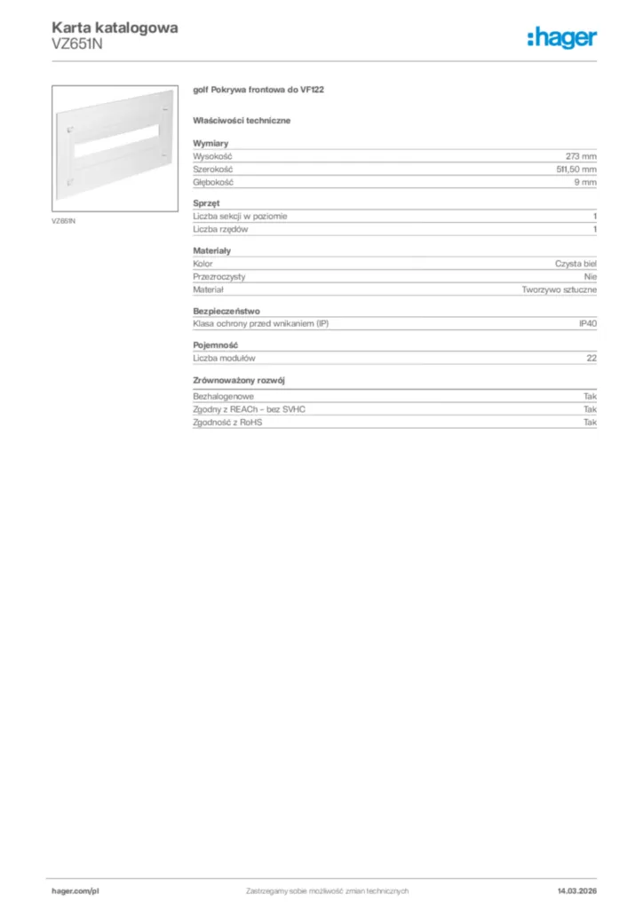 Zdjęcie Hager Karta katalogowa VZ651N | Hager Polska