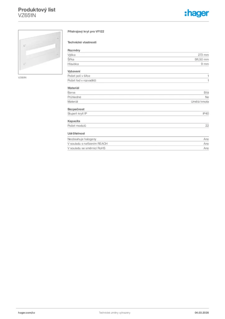 Obrázek Hager Product data sheet VZ651N | Hager