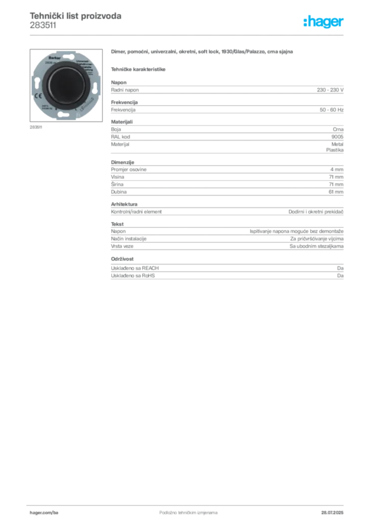 Slika Hager Product data sheet 283511  | Hager