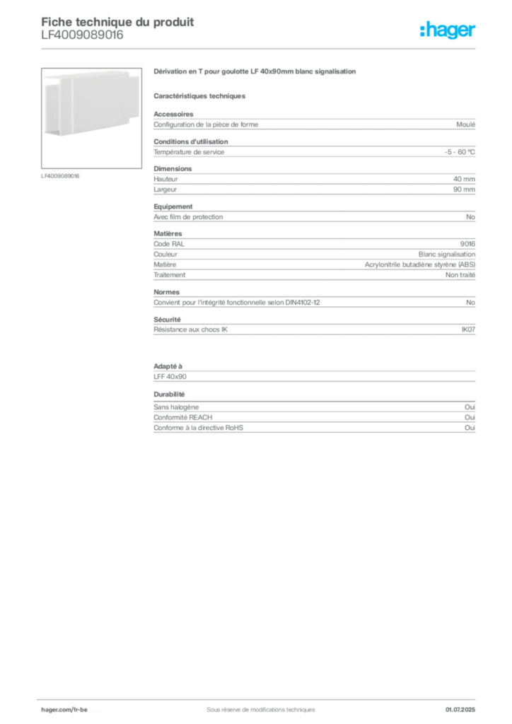 Image Hager Fiche technique du produit LF4009089016 | Hager Belgique