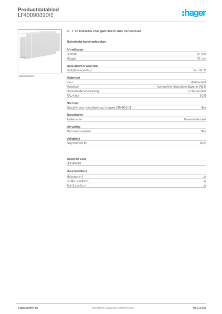 Afbeelding Hager Productdatablad LF4009089016 | Hager Belgium