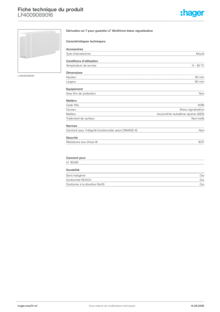 Image Hager Fiche technique du produit LF4009089016 | Hager Suisse