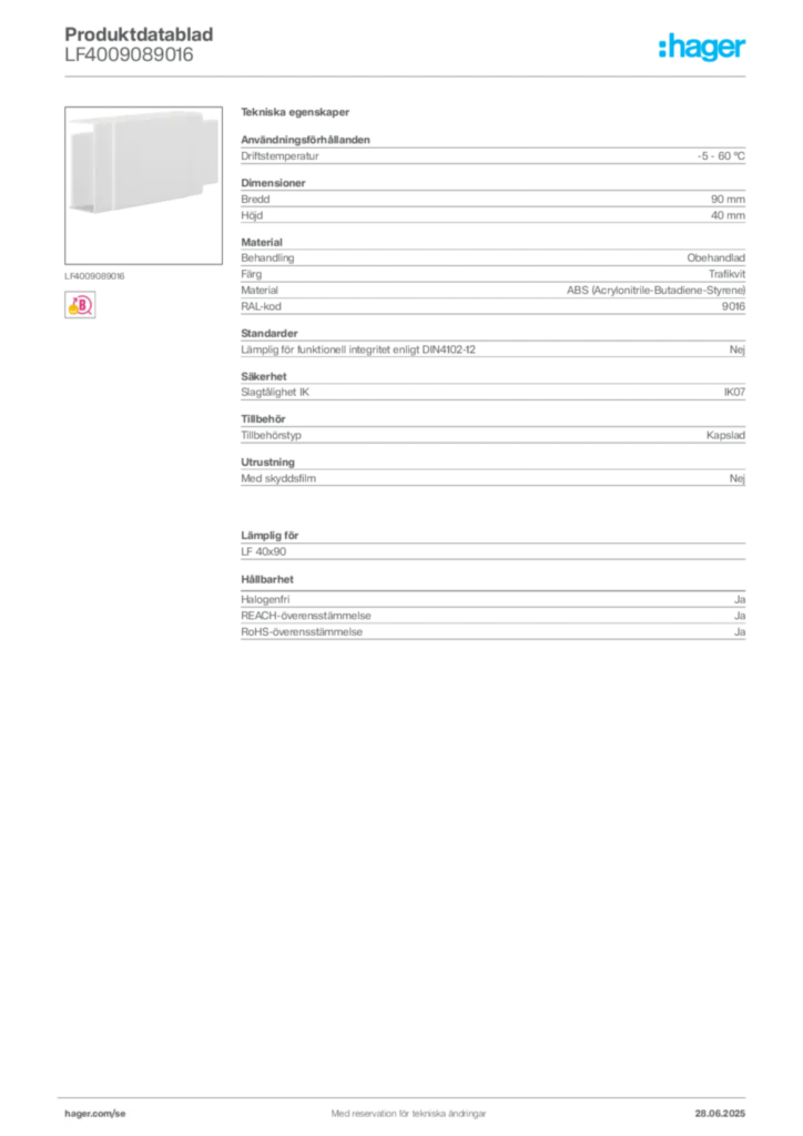 Bild Hager Produktdatablad LF4009089016 | Hager Sverige
