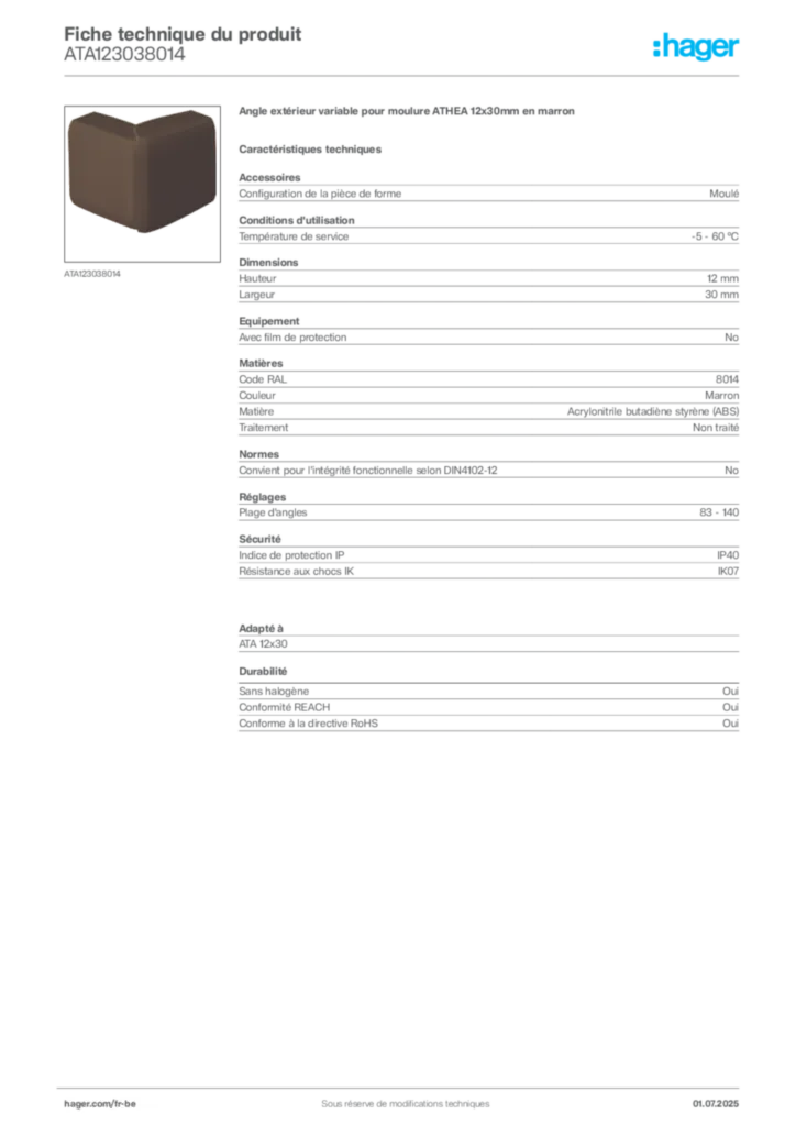 Image Hager Fiche technique du produit ATA123038014 | Hager Belgique