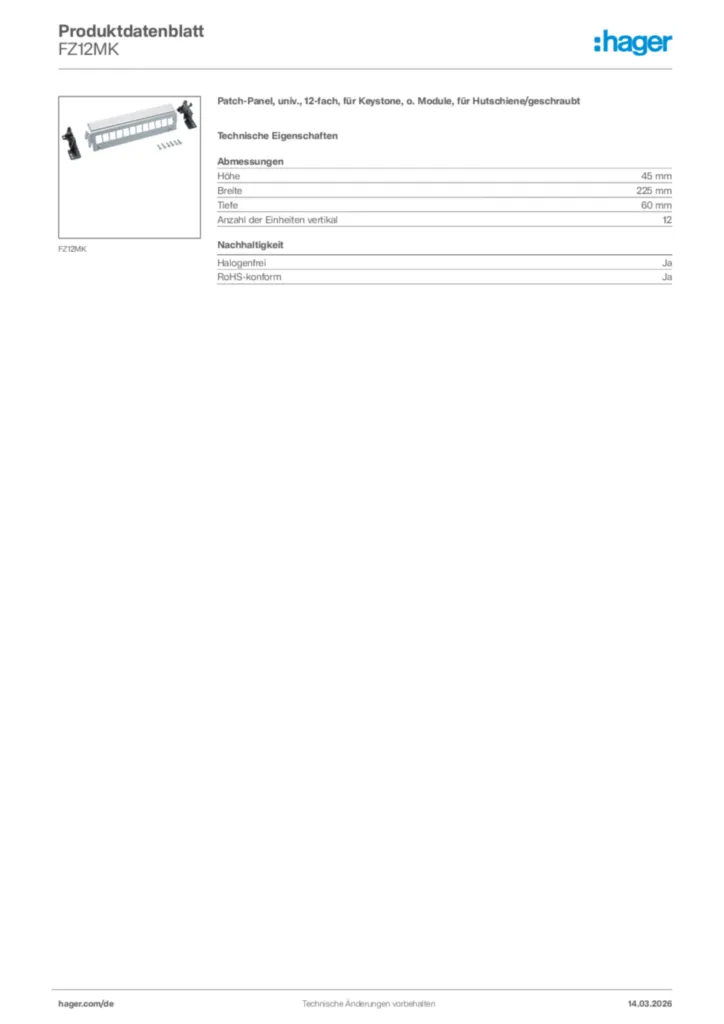 Bild Hager Produktdatenblatt FZ12MK | Hager Deutschland