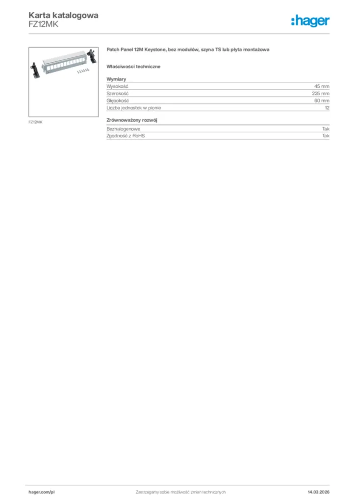 Zdjęcie Hager Karta katalogowa FZ12MK | Hager Polska