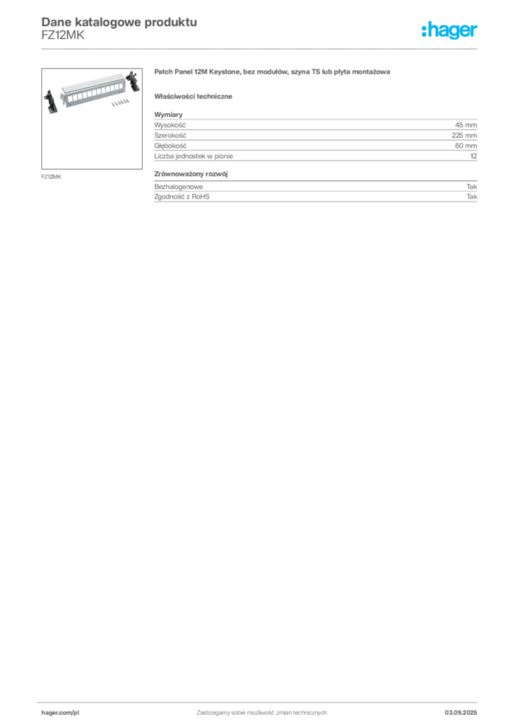 Zdjęcie Hager Karta katalogowa FZ12MK | Hager Polska