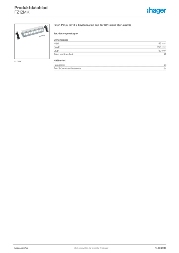 Bild Hager Produktdatablad FZ12MK | Hager Sverige