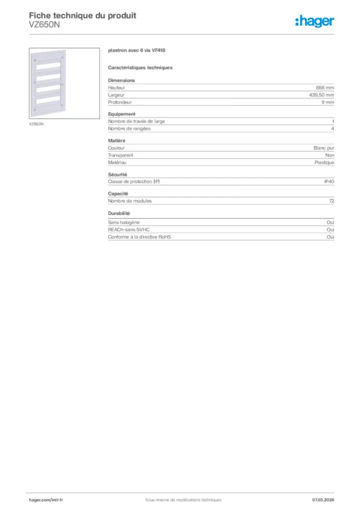 Image Hager Fiche technique du produit VZ650N | Hager Afrique