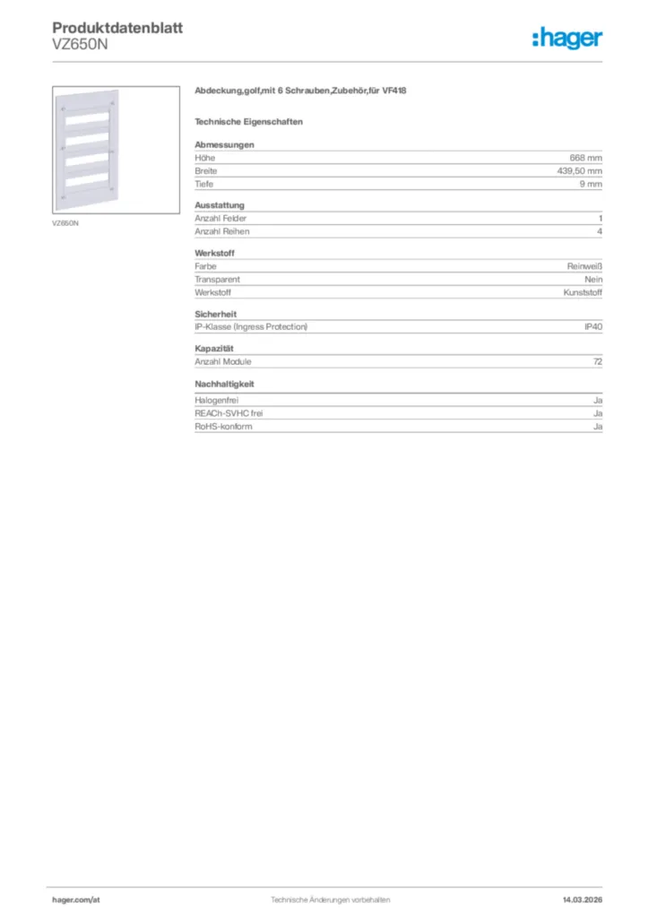 Bild Hager Produktdatenblatt VZ650N | Hager Deutschland
