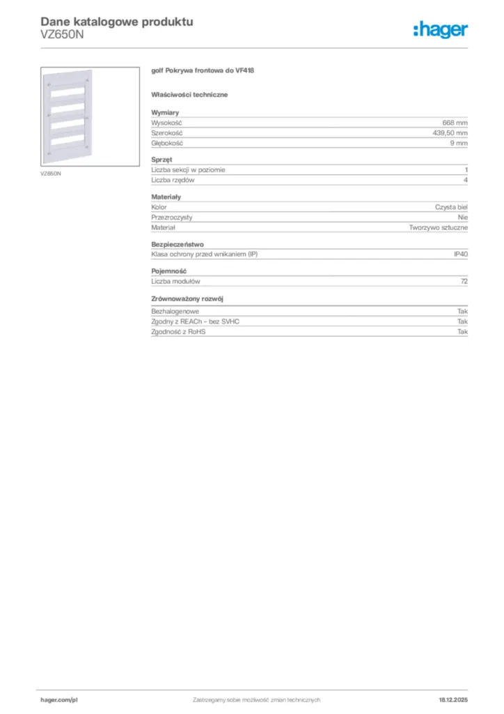 Zdjęcie Hager Karta katalogowa VZ650N | Hager Polska