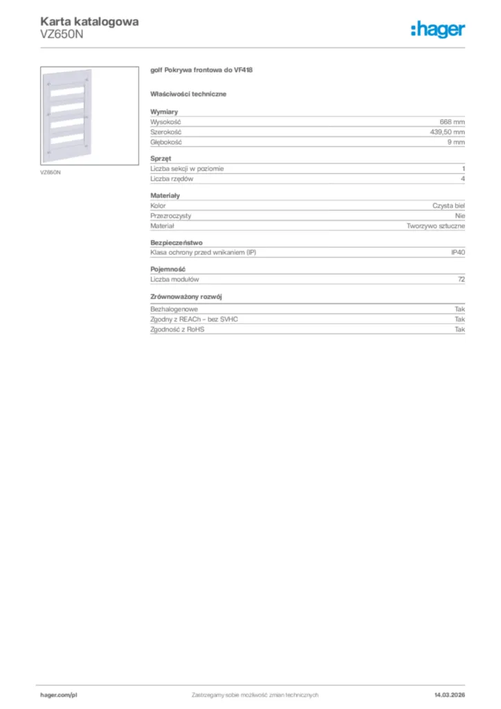 Zdjęcie Hager Karta katalogowa VZ650N | Hager Polska