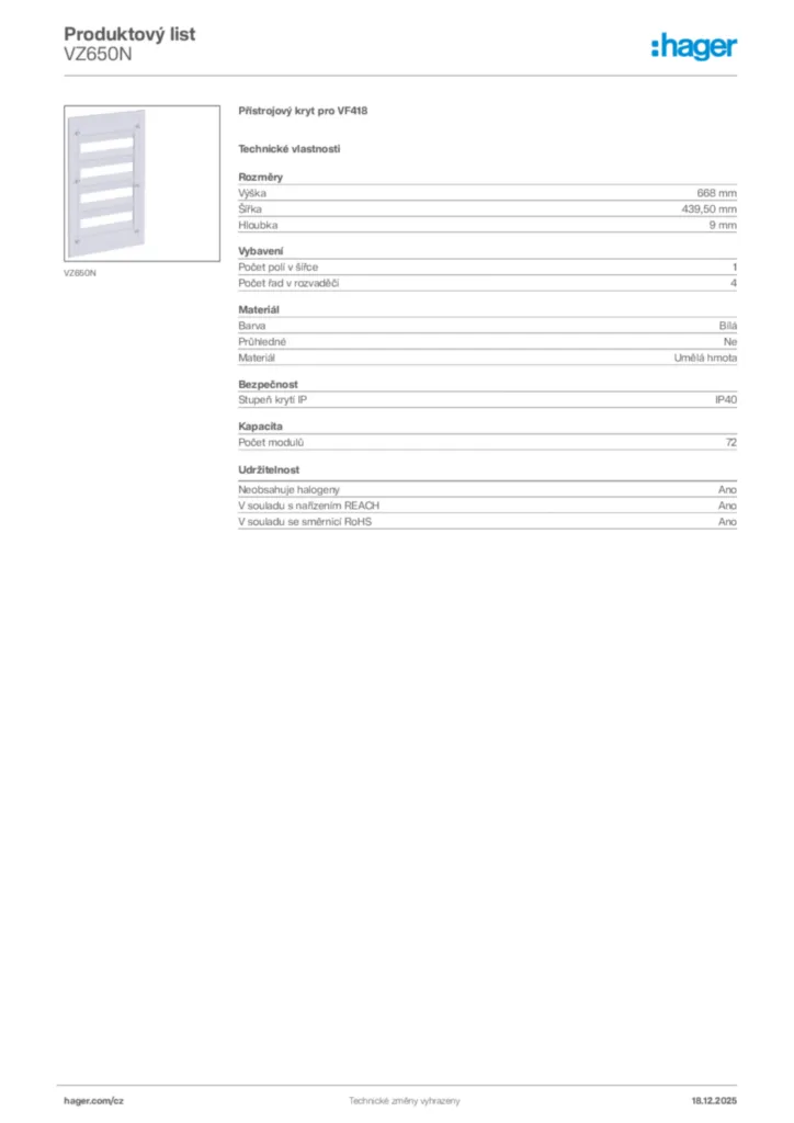 Obrázek Hager Produktový list VZ650N | Hager