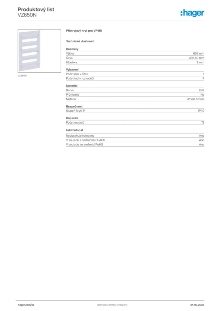 Obrázek Hager Product data sheet VZ650N | Hager