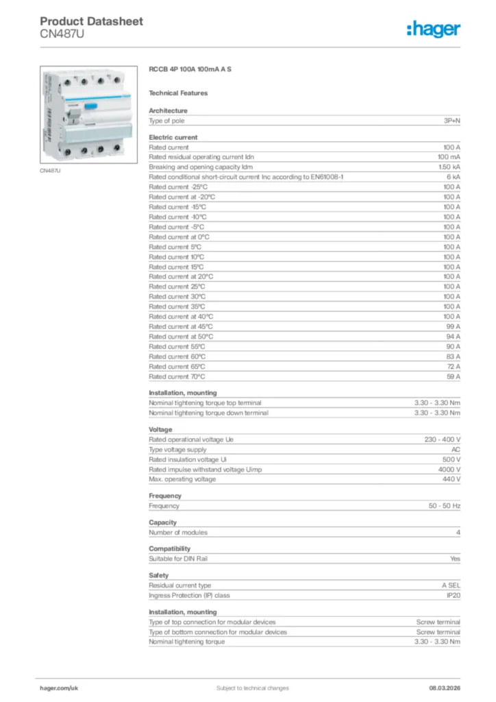 Image Hager Product data sheet CN487U  | Hager