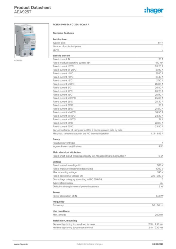 Image Hager Product data sheet AEA925T  | Hager