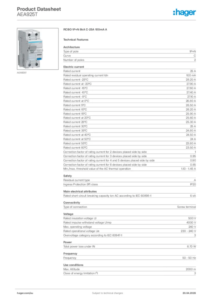 Image Hager Product data sheet AEA925T  | Hager Australia