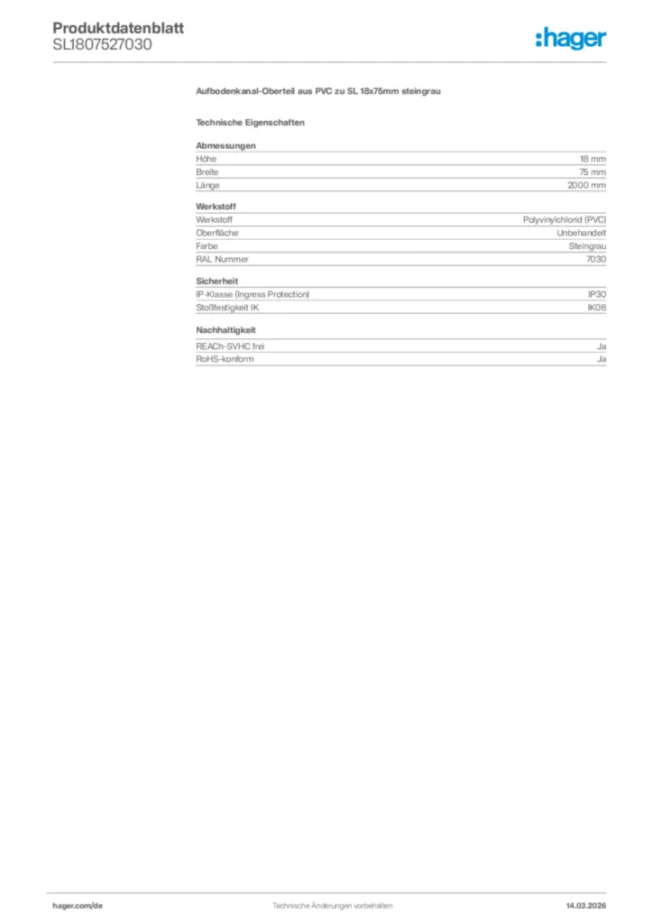 Bild Hager Produktdatenblatt SL1807527030 | Hager Deutschland