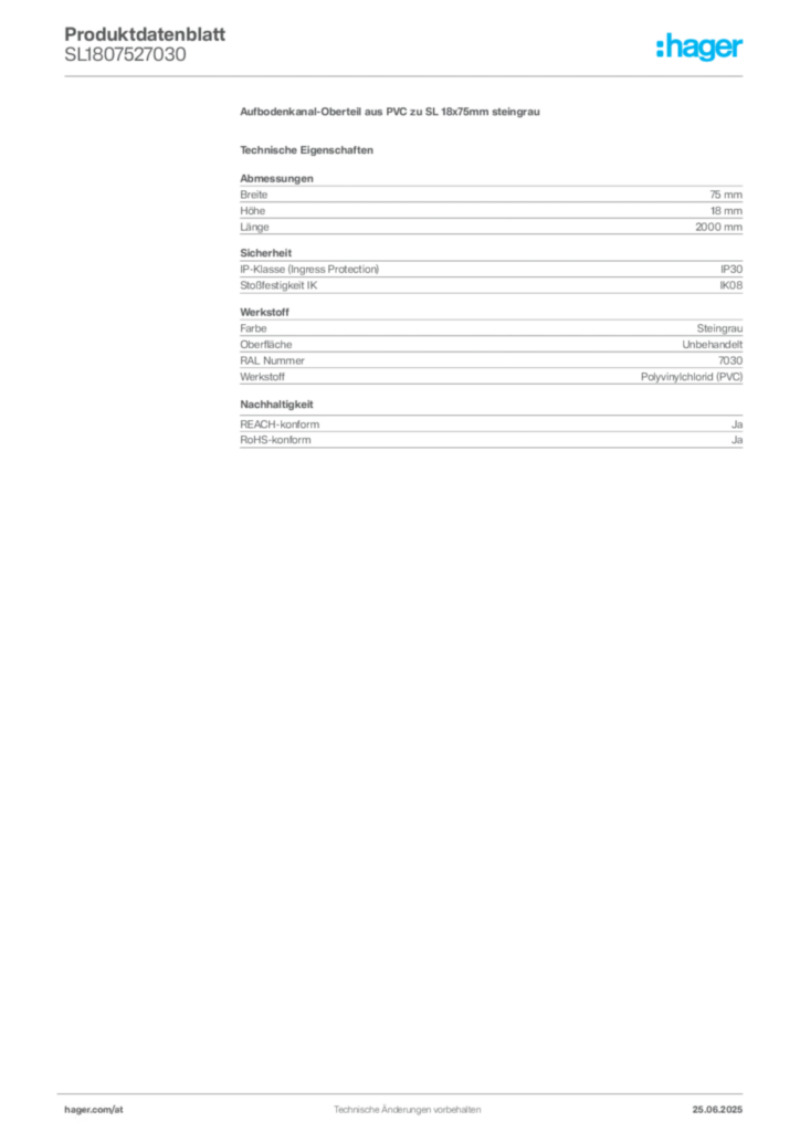 Bild Hager Produktdatenblatt SL1807527030 | Hager Deutschland