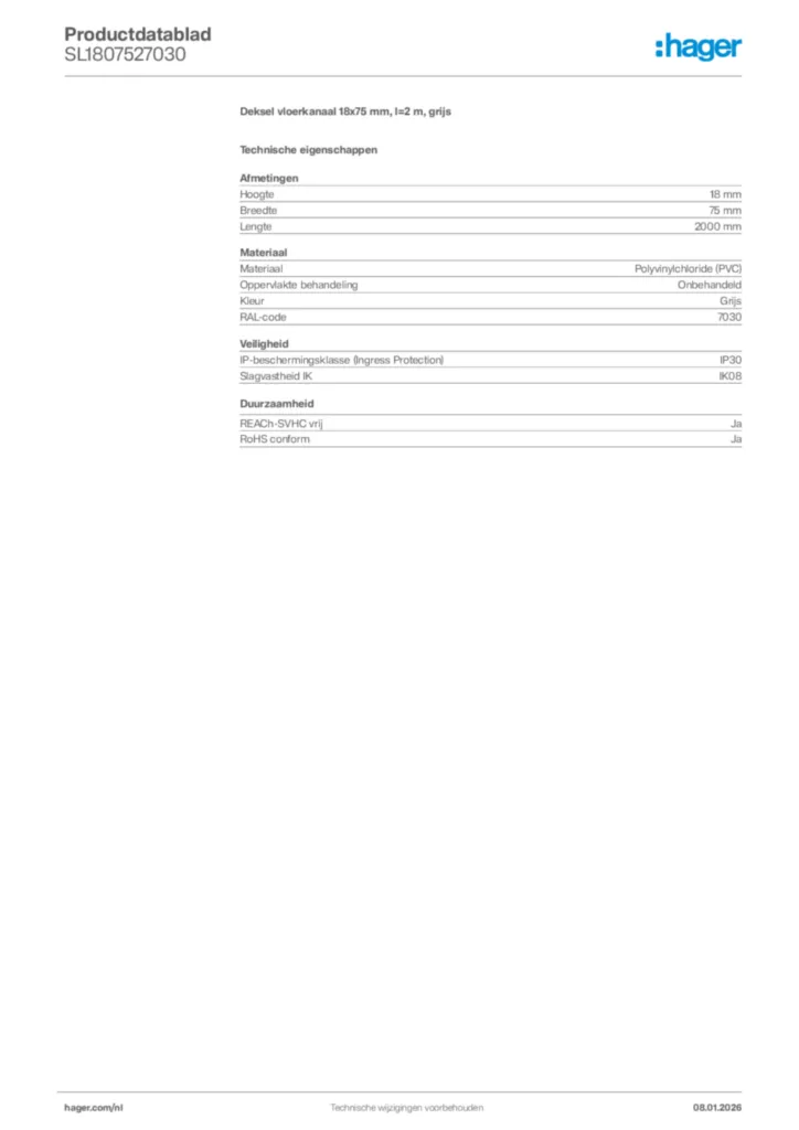 Afbeelding Hager Productdatablad SL1807527030 | Hager Nederland