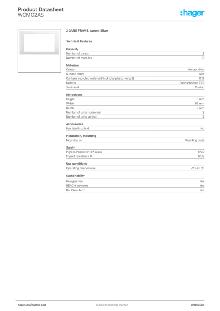Image Hager Product data sheet WGMC2AS  | Hager