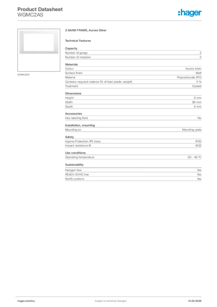 Image Hager Product data sheet WGMC2AS  | Hager