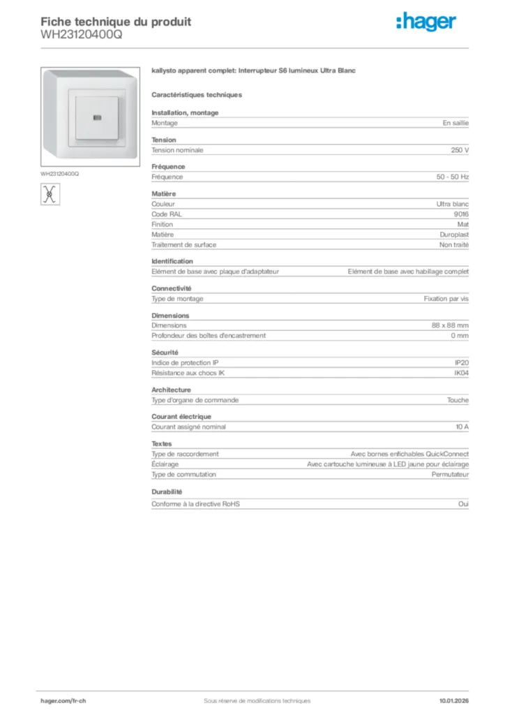 Image Hager Fiche technique du produit WH23120400Q | Hager Suisse