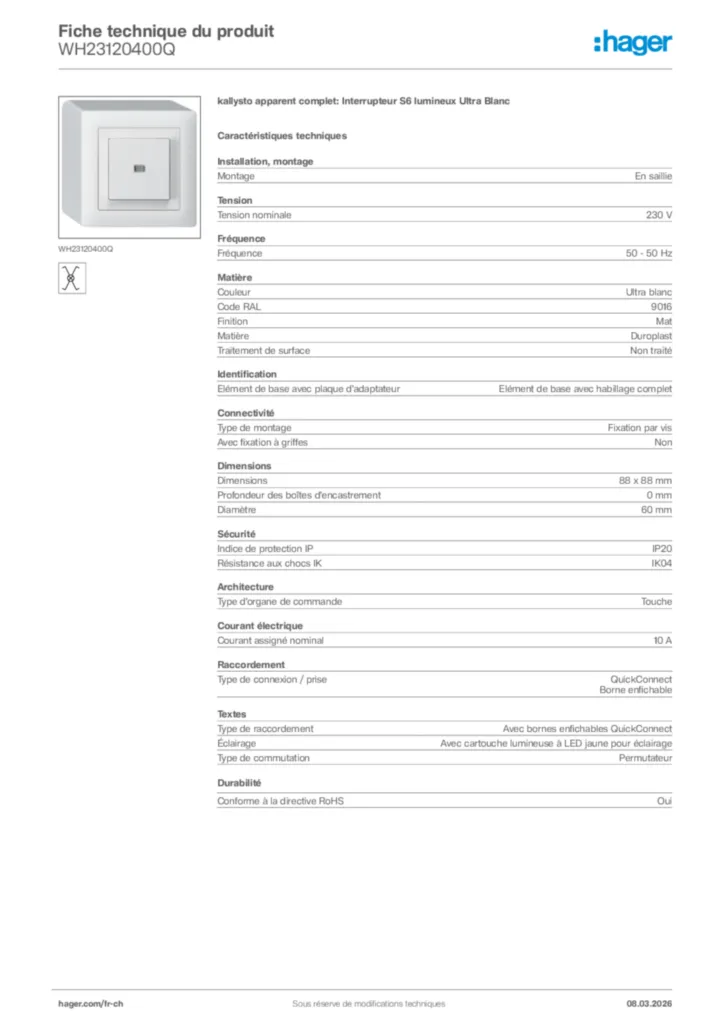 Image Hager Fiche technique du produit WH23120400Q | Hager Suisse