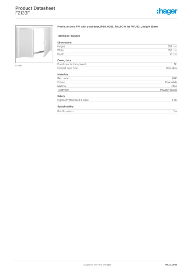 Image Hager Product data sheet FZ133F  | Hager Africa