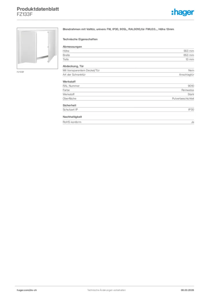 Bild Hager Produktdatenblatt FZ133F | Hager Schweiz