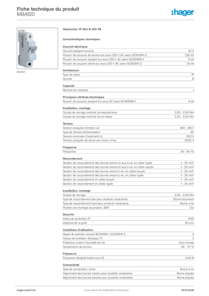 Image Hager Fiche technique du produit MBA120 | Hager Belgique