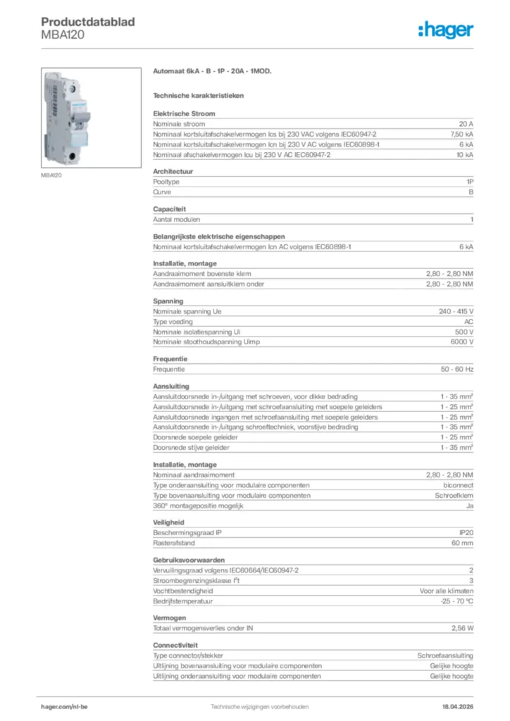 Afbeelding Hager Productdatablad MBA120 | Hager Belgium