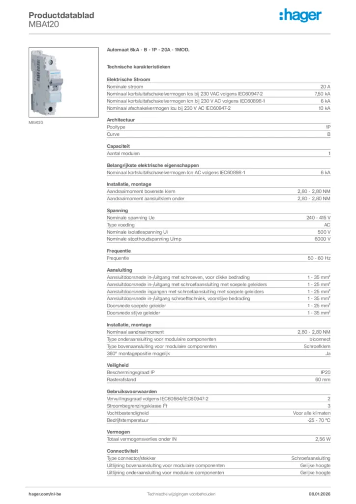 Afbeelding Hager Productdatablad MBA120 | Hager Belgium
