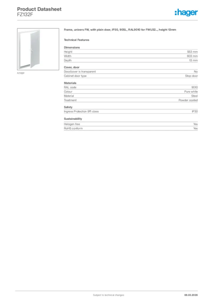Image Hager Product data sheet FZ132F  | Hager Africa