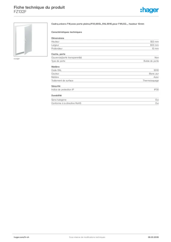 Image Hager Fiche technique du produit FZ132F | Hager Suisse