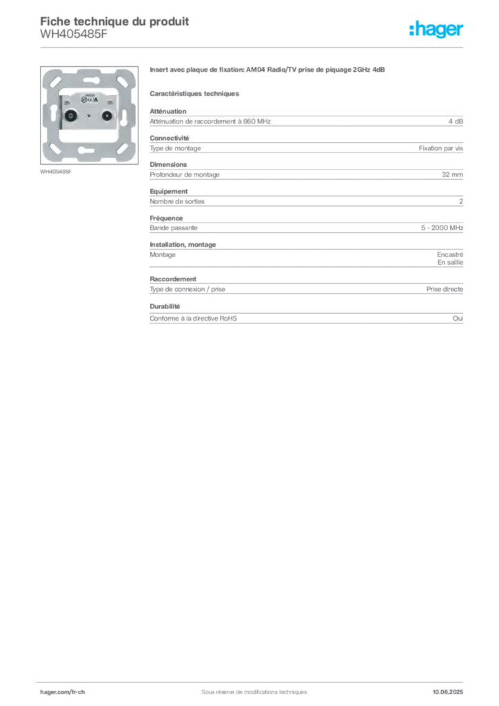 Image Hager Fiche technique du produit WH405485F | Hager Suisse