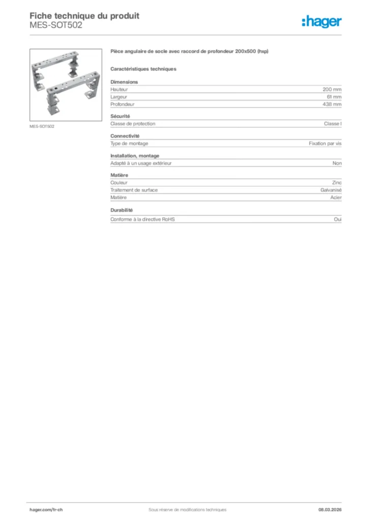 Image Hager Fiche technique du produit MES-SOT502 | Hager Suisse