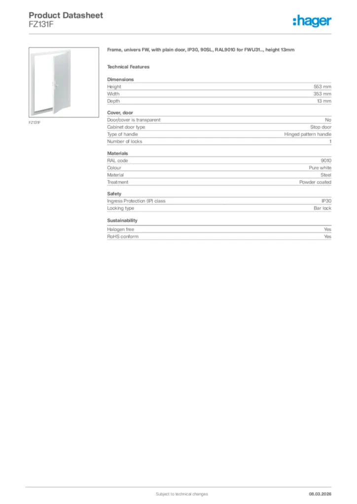 Image Hager Product data sheet FZ131F  | Hager Africa