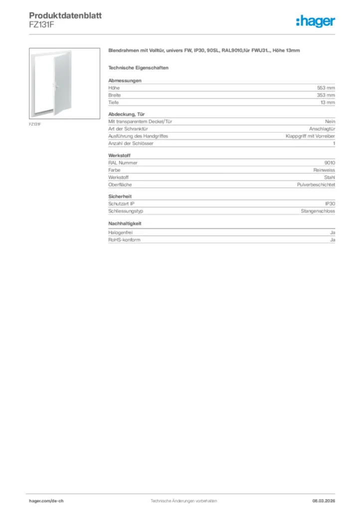 Bild Hager Produktdatenblatt FZ131F | Hager Schweiz