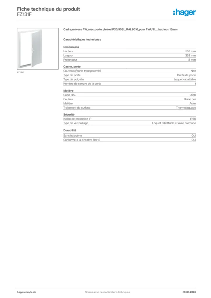 Image Hager Fiche technique du produit FZ131F | Hager Suisse