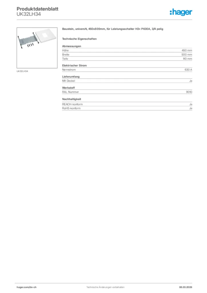 Bild Hager Produktdatenblatt UK32LH34 | Hager Schweiz