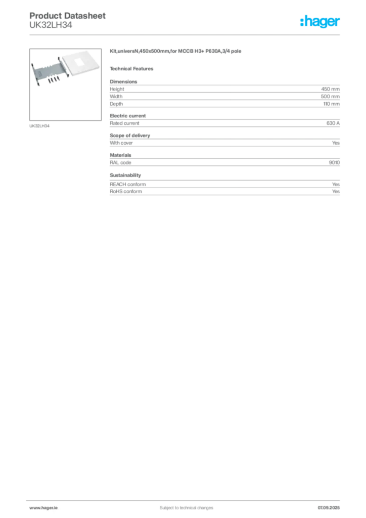 Image Hager Product data sheet UK32LH34  | Hager