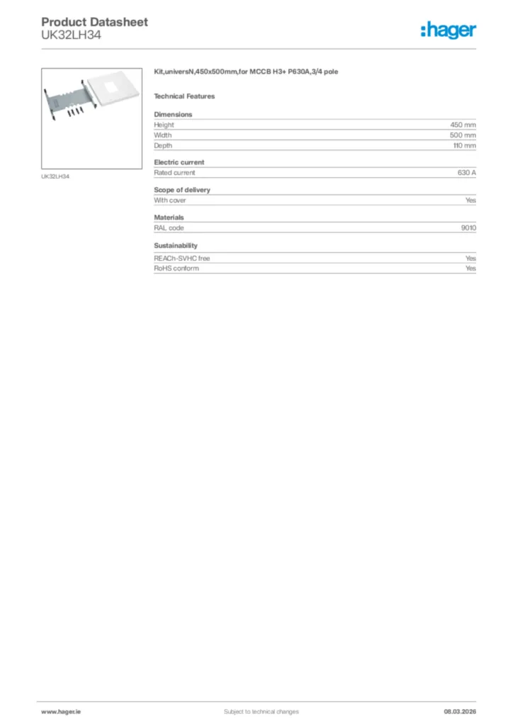 Image Hager Product data sheet UK32LH34  | Hager