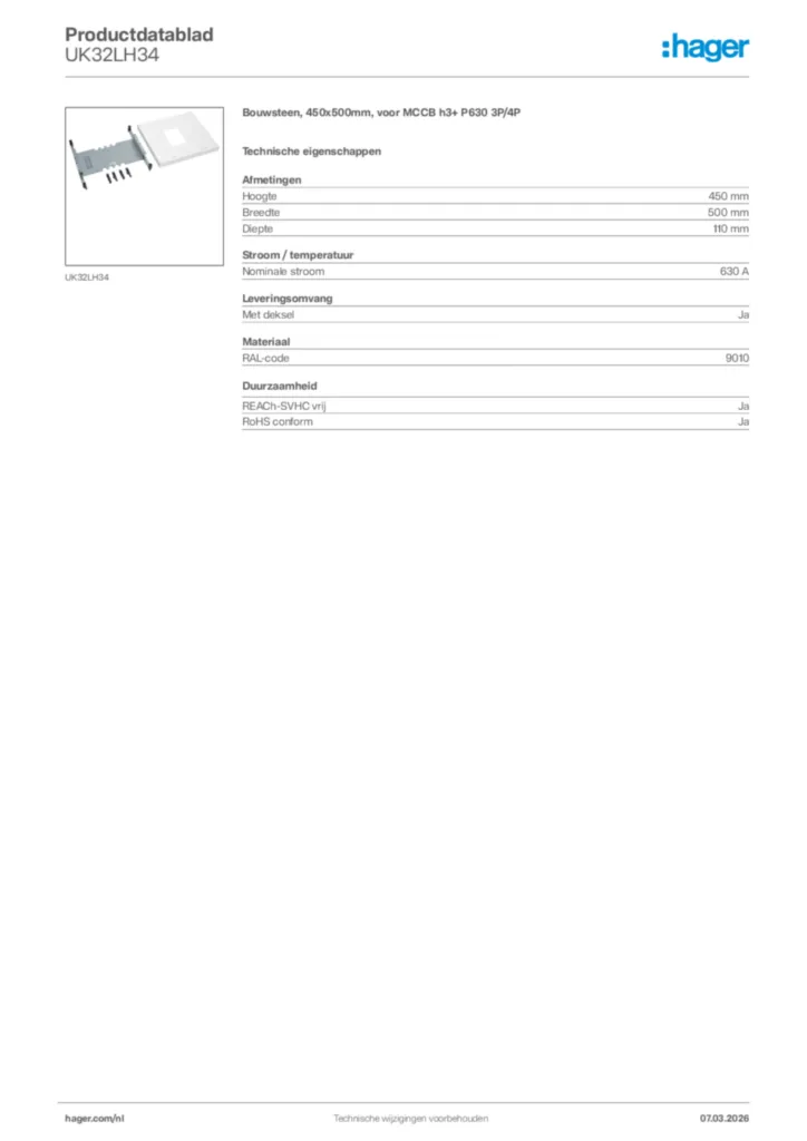 Afbeelding Hager Productdatablad UK32LH34 | Hager Nederland