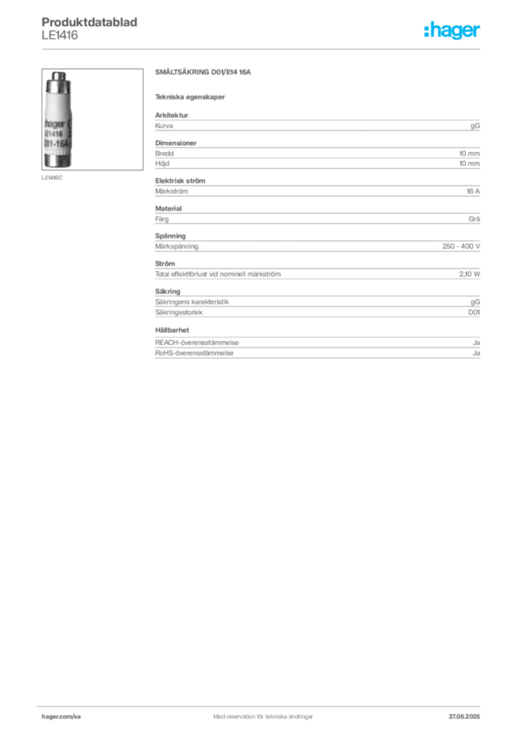 Bild Hager Produktdatablad LE1416 | Hager Sverige