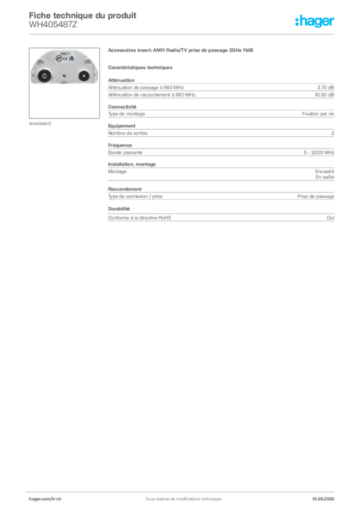 Image Hager Fiche technique du produit WH405487Z | Hager Suisse