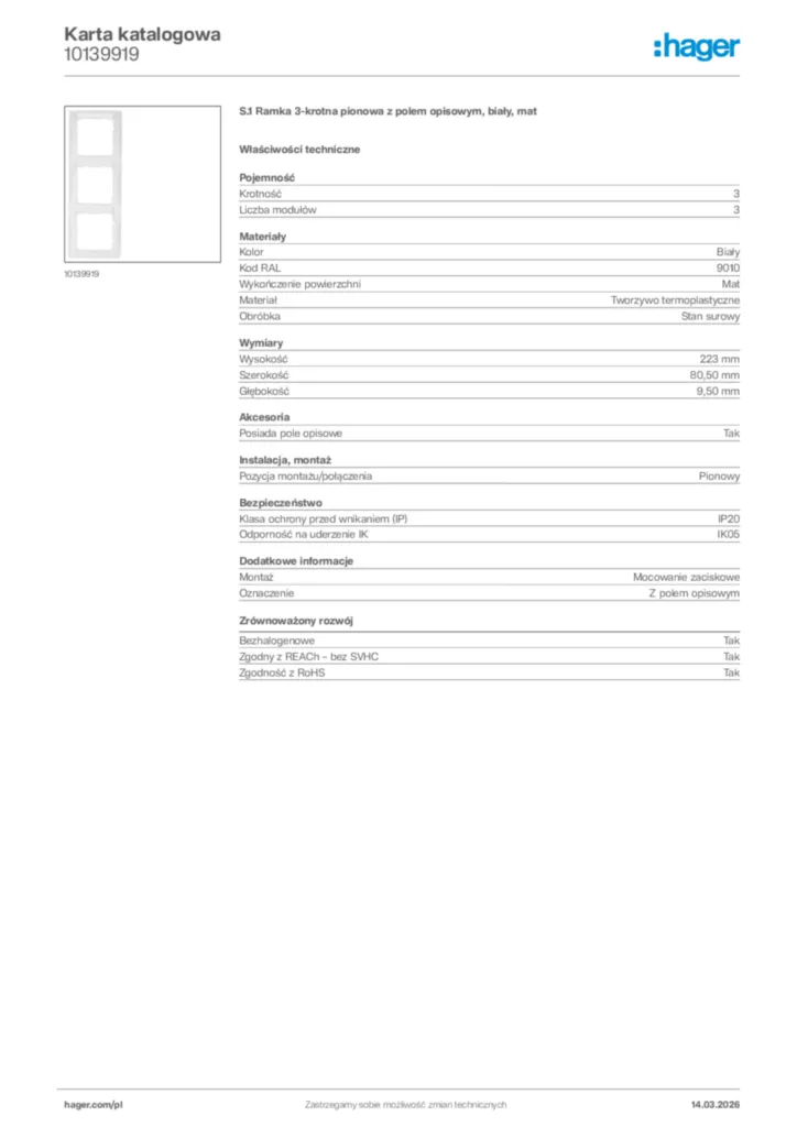 Zdjęcie Hager Karta katalogowa 10139919 | Hager Polska